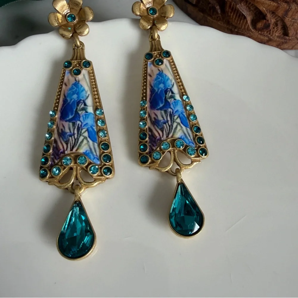 Blue Iris Floral Crystal Earrings Vintage Style Ornate Jewelry Baroque Gift NEW